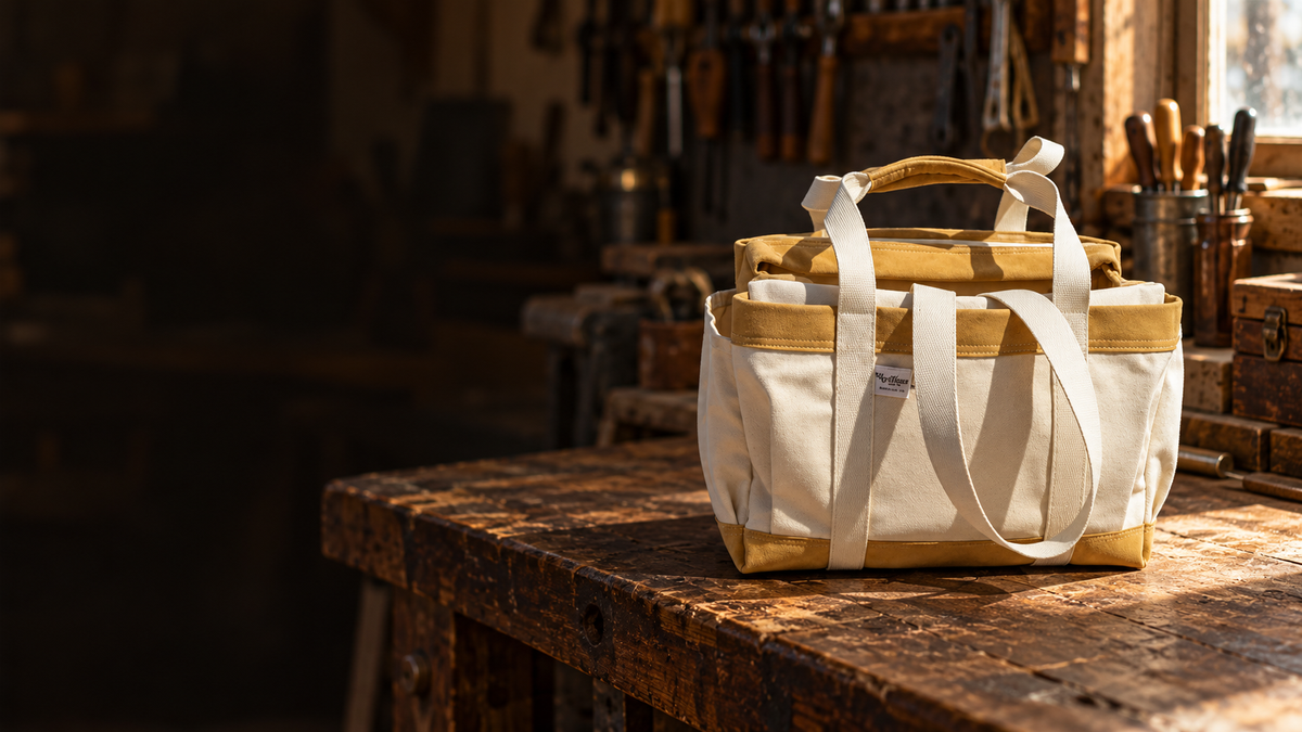Canvas and leather bag on a workshop table